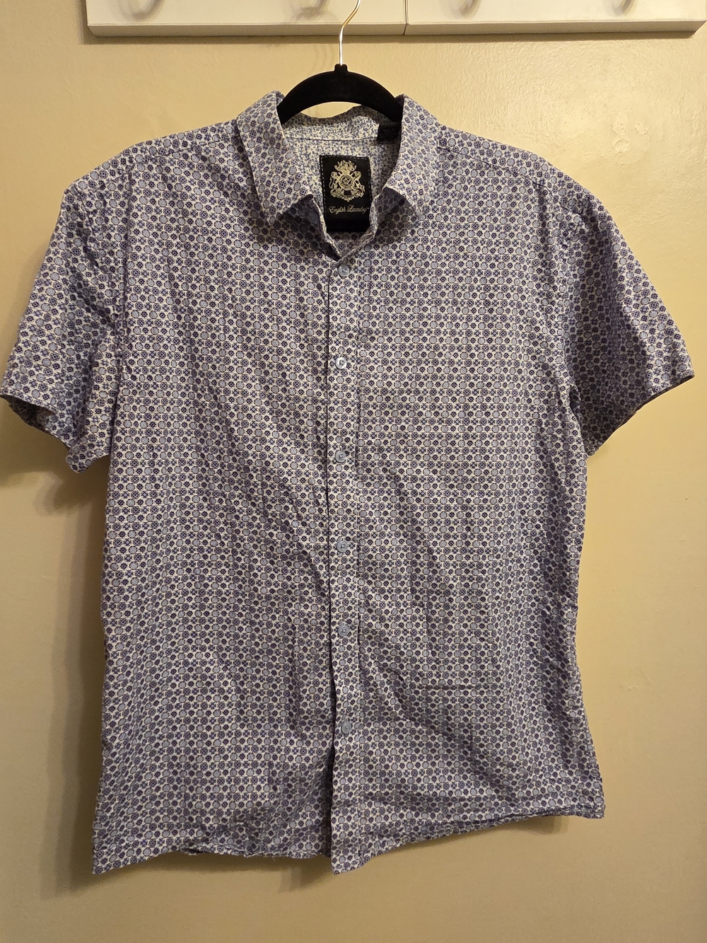 English Laundry Blue Medallion Geo Shirt L Short Sleeve Cotton Retro Casual